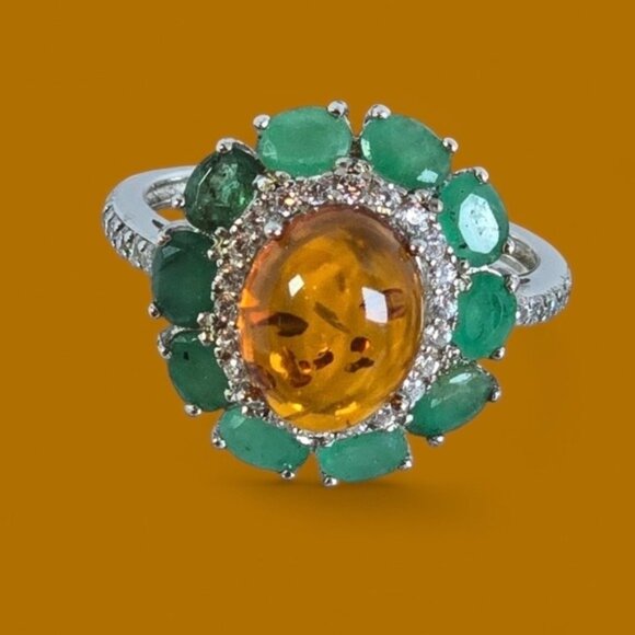925 Sterling Silver Ring with Natural Amber & Emerald Gemstones - Picture 1 of 15